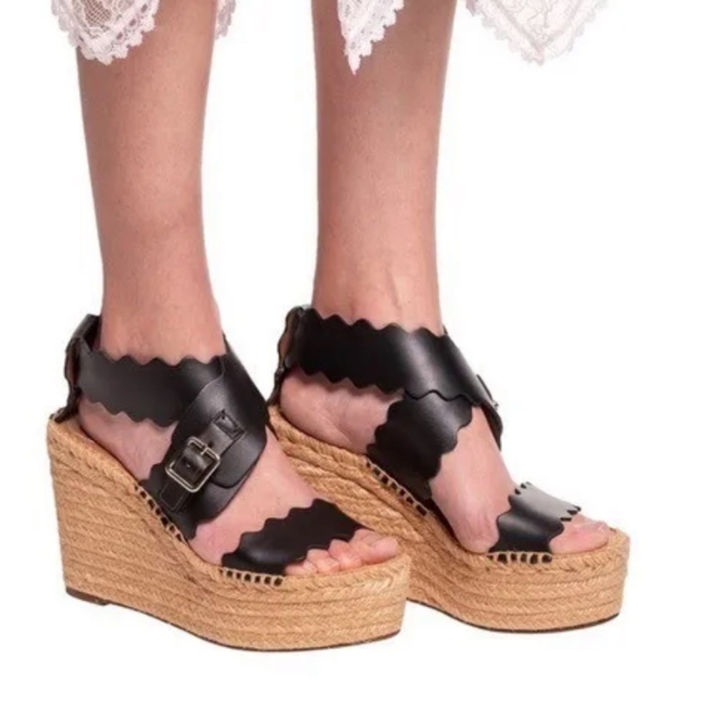 Chloe Black Leather Scalloped Platform Espadrilles Wedge Sandals Womens Sz 7 EUC